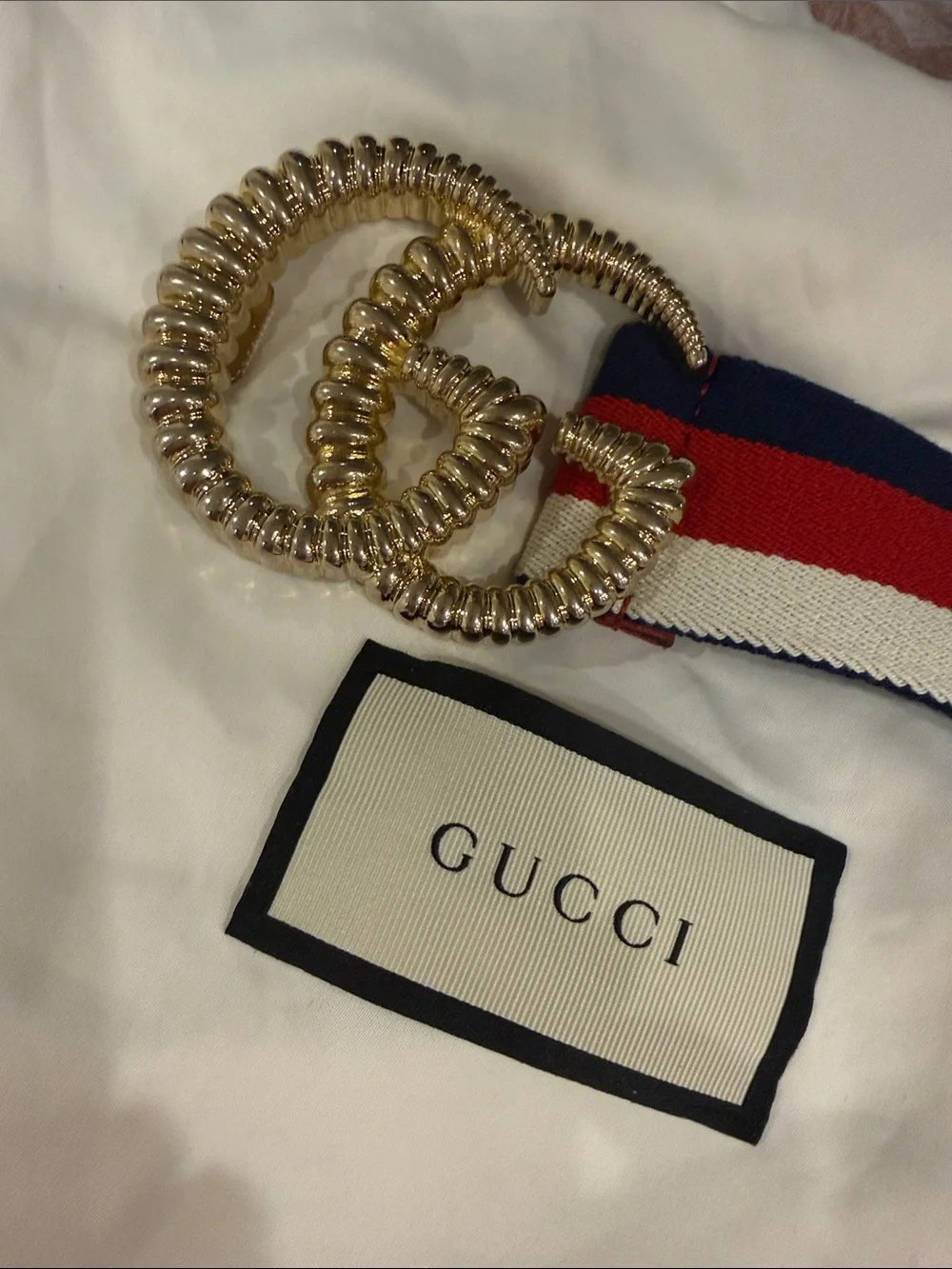 NWT Gucci Web Double G Elastic Belt Navy Red Ivory Gold Buckle Size 75/36 Made i